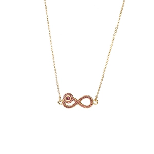 Elegant gold infinity symbol necklace featuring sparkling pink zircon crystals on a fine chain