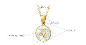 Detailed dimensions of gold Leo zodiac necklace with white shell pendant, 40+5cm chain