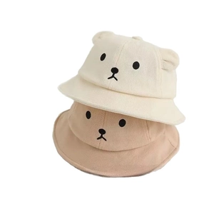 Baby bear ear bucket hat set in cream and khaki soft corduroy for sun protection