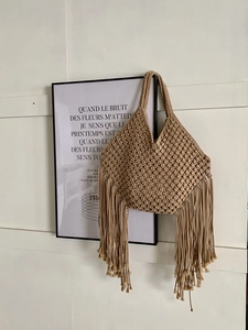 Borsa con frange intrecciata a mano bohémien, elegante borsa da spiaggia all'uncinetto per vacanze.