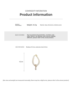 Detailed view of double-layer pearl necklace with teardrop pendant and size specifications