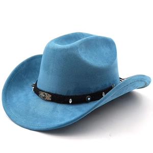 Chapeau de cowboy en daim bleu avec bord roulé et boucle en métal tête de lion