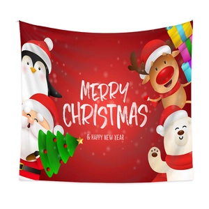 Close-up of red Christmas tapestry showing festive Santa, reindeer and tree details