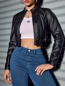 Women's slim fit faux leather biker jacket with stand collar and metal zipper details