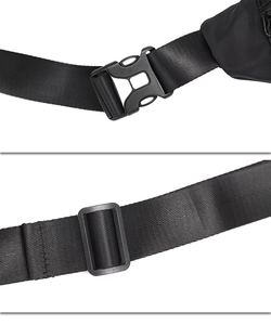 Detail of adjustable nylon shoulder strap with plastic buckle for men's chest bag