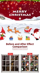 Christmas window decals showing Santa and reindeer stickers before and after installation