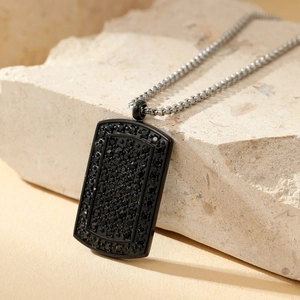 Elegant silver box chain necklace with a black rectangular micro-pave zircon pendant