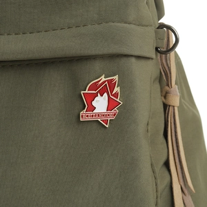 Red star enamel cat brooch pin with Soviet aesthetic on green canvas bag background