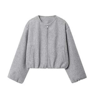 Women's minimalist grey soft wool blend bomber jacket with a metallic front zipper