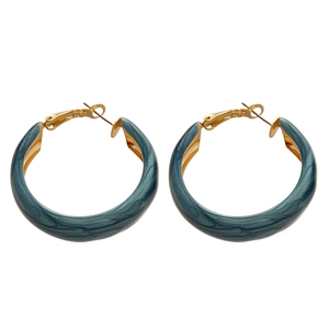 Vintage dark teal resin hoop earrings with golden metal accents and marble texture