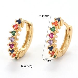 Detailed view of 14mm multi-color zircon huggie earrings with gold-plated dimensions