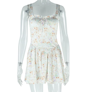 Detailed front view of floral mini dress featuring deep V-neck and ruffled hem on mannequin