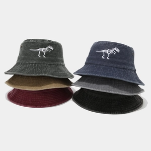 Dinosaur Skeleton Embroidered Bucket Hat Washed Cotton Vintage Streetwear Sun Protection Outdoor Fisherman Hat For Unisex