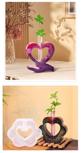 Detail of heart silicone mold and finished resin bud vase with glass test tube insert
