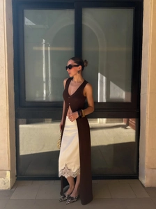 Women Maxi Dress Sleeveless Cotton Knit V Neck Front Slit Buttoned Slim Fit Solid Color Streetwear Long Vest