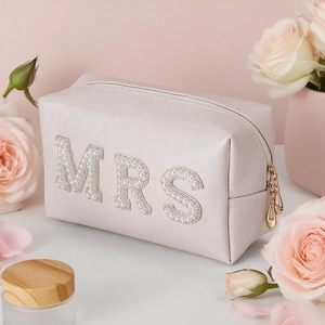 Pink MRS bridal makeup bag with pearl lettering and premium saffiano texture detail