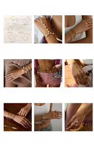 Collection of stainless steel finger bracelets and zircon rings in gold bohemian style
