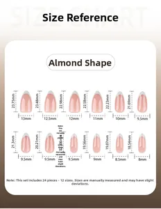 Size chart for almond-shaped French press-on nails showing 12 dimensions for 24 pieces