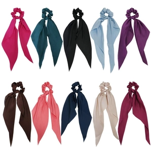 Set of 10 solid color satin scrunchies with long ribbons in various elegant shades