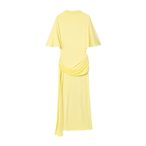 Elegant yellow maxi dress featuring flared sleeves and pleated waist on white background