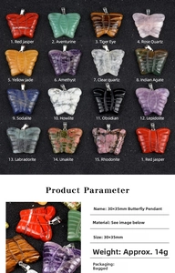 Macro detail and size chart of various 30x35mm butterfly carved natural stone pendants