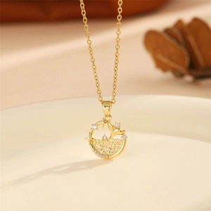 Golden dolphin tail and wave circle pendant necklace with zircon star accents