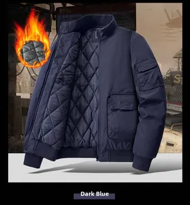 Detail of navy blue puffer jacket featuring quilted lining and functional cargo pockets
