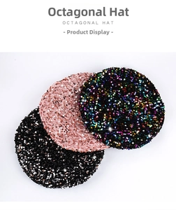 Detail of sequined octagonal hats in black, rose gold, and multi-color sparkle options