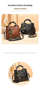 Close-up of retro leather handbags in brown and black with chic green mascot charm