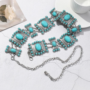 Silver alloy waist chain with turquoise bow details for bohemian evening dress styling