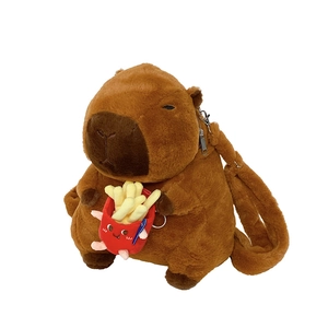 Cute Capybara plush backpack with cartoon fries accessory on a white background