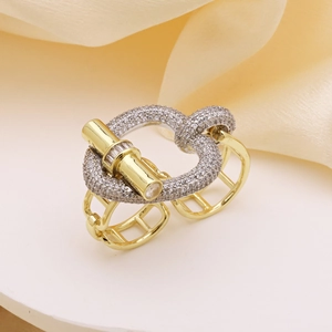 Exaggerated two-tone interlocking heart ring with full cubic zirconia in 18k gold plating