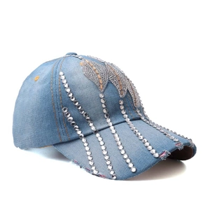 Light blue denim baseball cap featuring white and gold rhinestones and three-leaf design