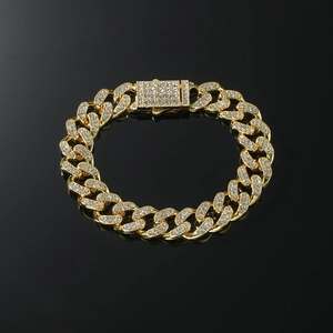 Bracelet cubain doré pour homme avec strass brillants et fermoir à boîte sécurisé