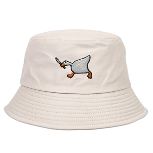 Cream bucket hat with funny goose embroidery and wide brim for sun protection