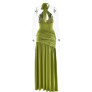 Rear view of olive green halter neck dress with ruched details on a mannequin