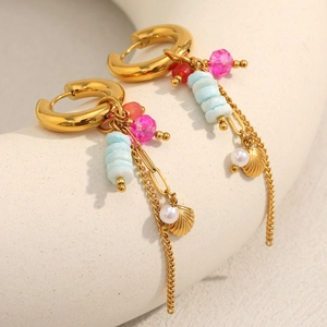 18K gold plated stainless steel hoop earrings with natural stone and tassel pendants