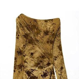 Robe vintage femme en velours dévoré bronze avec motifs floraux et épaules froncées