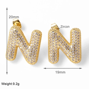 Detail view of gold letter N earring with zircon stones and dimensions 20mm x 19mm