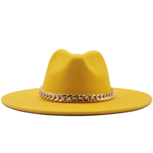 Classic bright yellow wide brim wool fedora hat with a bold gold chain link band accent