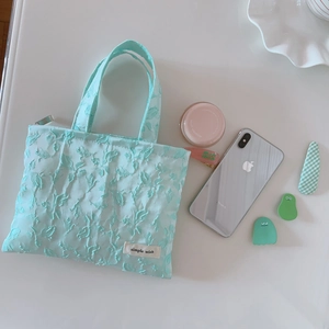 Detail of mint green floral textured mini handbag with brand label and top zipper closure