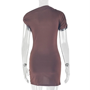 Detailed back view of brown bodycon dress showing ruched fabric and slim fit design