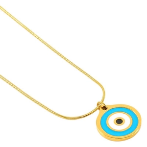 Gold evil eye necklace with blue enamel pendant on flat snake bone chain for women