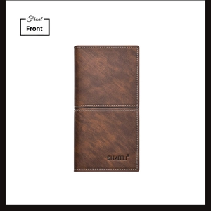 Detailed front view of a slim dark brown long wallet with white contrast stitching