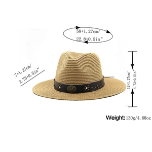 Detailed size measurement chart for wide brim straw fedora with vintage floral leather band