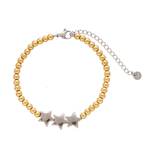 Bracelet à perles vintage en acier inoxydable avec sphères dorées et étoiles argentées