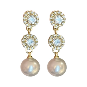 Elegant gold drop earrings featuring sparkling micro-pave circles and round cream pearls