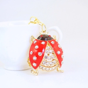 Red rhinestone beetle keychain in gold metal finish for women handbag decoration