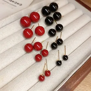 Elegant gold-plated geometric sphere stud earrings in red and black variety of sizes