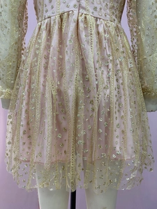 Detailaufnahme des hellrosa Netzkeid mit Goldpailletten und feiner Spitze an der Taille